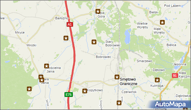 mapa Bobrowiec gmina Smętowo Graniczne, Bobrowiec gmina Smętowo Graniczne na mapie Targeo
