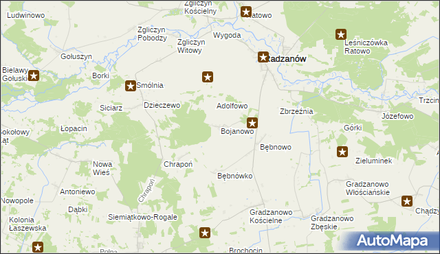 mapa Bojanowo gmina Radzanów, Bojanowo gmina Radzanów na mapie Targeo