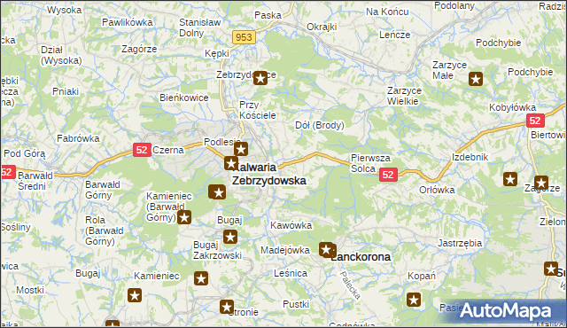 mapa Brody gmina Kalwaria Zebrzydowska, Brody gmina Kalwaria Zebrzydowska na mapie Targeo