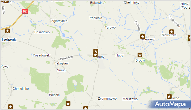 mapa Brody gmina Lwówek, Brody gmina Lwówek na mapie Targeo