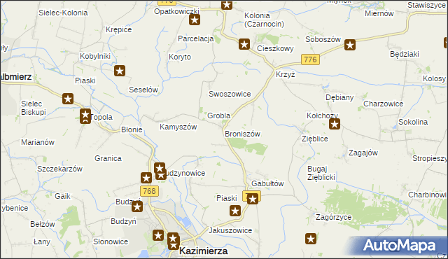 mapa Broniszów gmina Kazimierza Wielka, Broniszów gmina Kazimierza Wielka na mapie Targeo