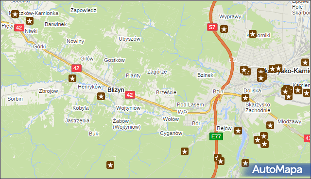 mapa Brzeście gmina Bliżyn, Brzeście gmina Bliżyn na mapie Targeo