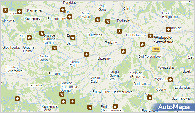 mapa Brzeziny gmina Wielopole Skrzyńskie, Brzeziny gmina Wielopole Skrzyńskie na mapie Targeo