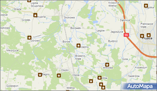 mapa Brzeźno gmina Prusice, Brzeźno gmina Prusice na mapie Targeo