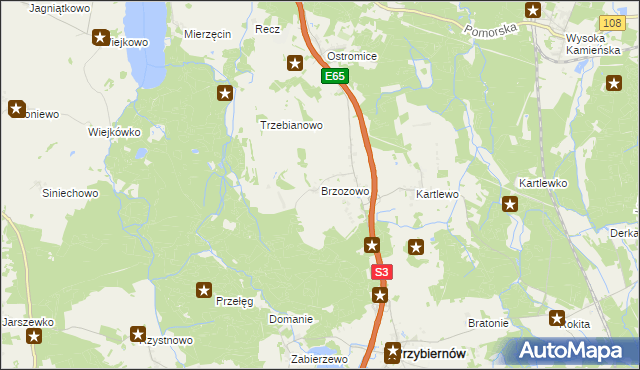 mapa Brzozowo gmina Przybiernów, Brzozowo gmina Przybiernów na mapie Targeo