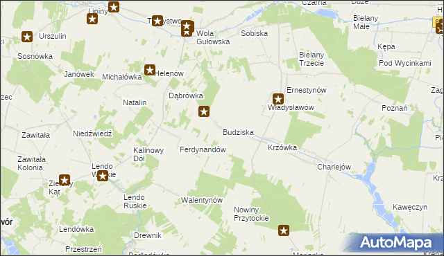 mapa Budziska gmina Adamów, Budziska gmina Adamów na mapie Targeo