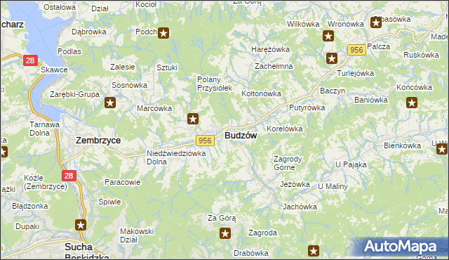 mapa Budzów powiat suski, Budzów powiat suski na mapie Targeo