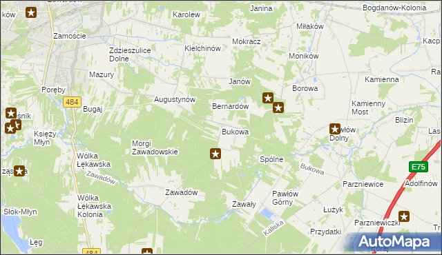 mapa Bukowa gmina Bełchatów, Bukowa gmina Bełchatów na mapie Targeo