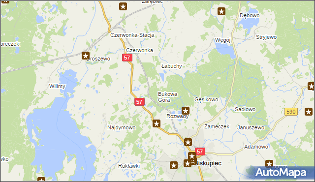 mapa Bukowa Góra gmina Biskupiec, Bukowa Góra gmina Biskupiec na mapie Targeo