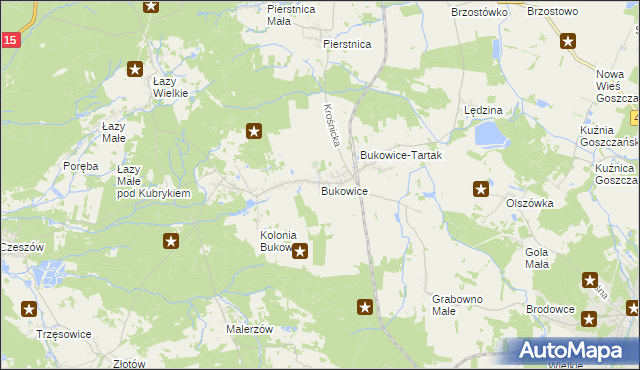 mapa Bukowice gmina Krośnice, Bukowice gmina Krośnice na mapie Targeo