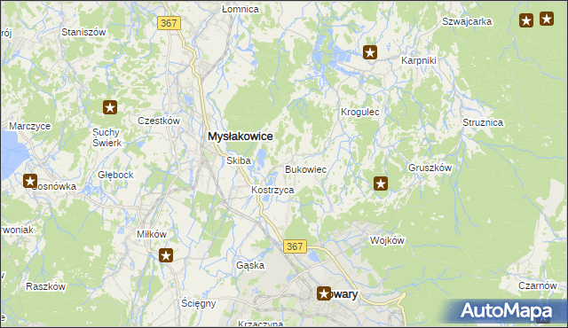 mapa Bukowiec gmina Mysłakowice, Bukowiec gmina Mysłakowice na mapie Targeo