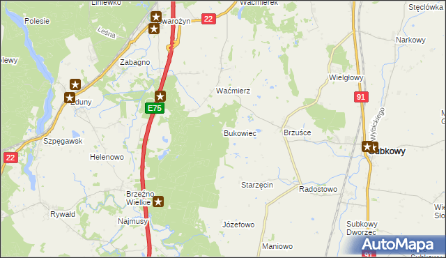 mapa Bukowiec gmina Subkowy, Bukowiec gmina Subkowy na mapie Targeo
