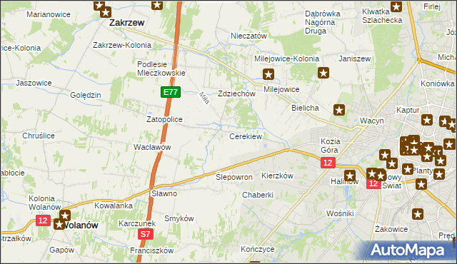 mapa Cerekiew gmina Zakrzew, Cerekiew gmina Zakrzew na mapie Targeo