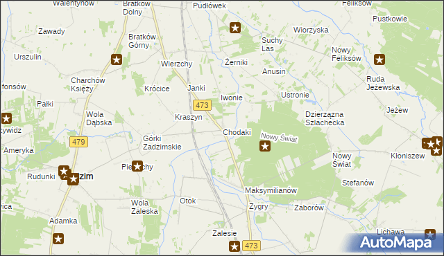 mapa Chodaki gmina Zadzim, Chodaki gmina Zadzim na mapie Targeo