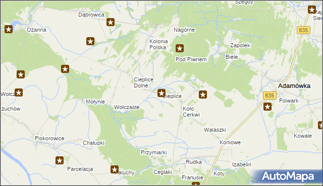 mapa Cieplice gmina Adamówka, Cieplice gmina Adamówka na mapie Targeo