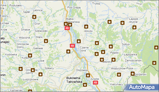 mapa Czarna Góra gmina Bukowina Tatrzańska, Czarna Góra gmina Bukowina Tatrzańska na mapie Targeo