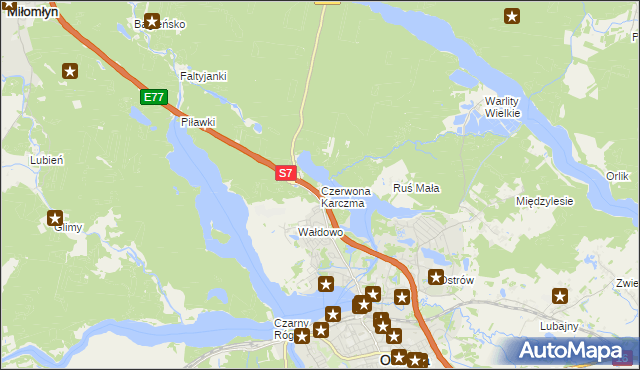 mapa Czerwona Karczma gmina Ostróda, Czerwona Karczma gmina Ostróda na mapie Targeo