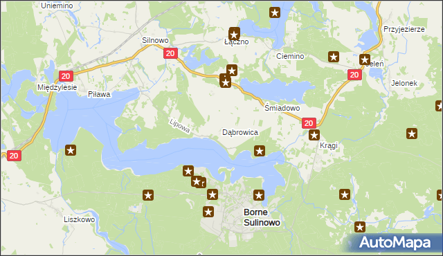 mapa Dąbrowica gmina Borne Sulinowo, Dąbrowica gmina Borne Sulinowo na mapie Targeo