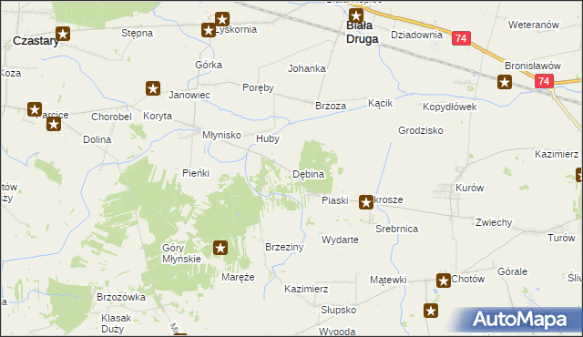 mapa Dębina gmina Biała, Dębina gmina Biała na mapie Targeo