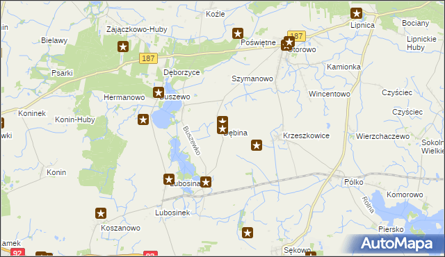 mapa Dębina gmina Pniewy, Dębina gmina Pniewy na mapie Targeo