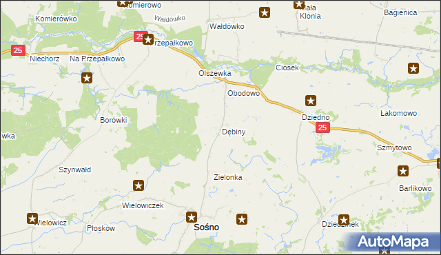 mapa Dębiny gmina Sośno, Dębiny gmina Sośno na mapie Targeo