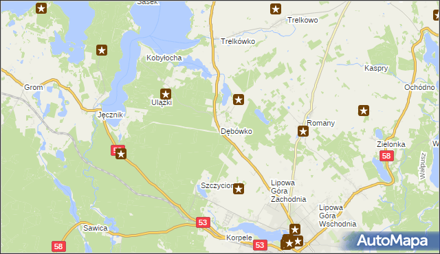 mapa Dębówko gmina Szczytno, Dębówko gmina Szczytno na mapie Targeo