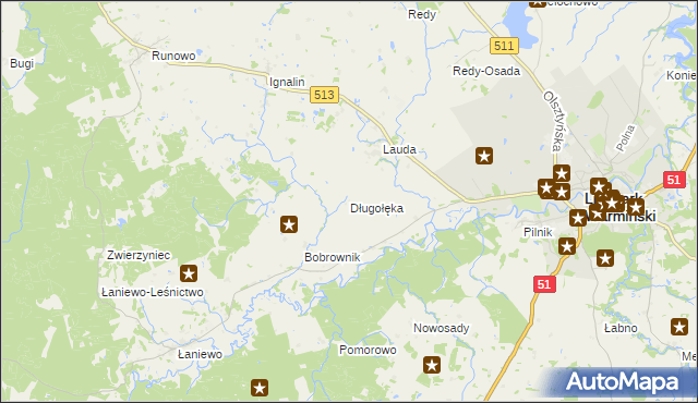 mapa Długołęka gmina Lidzbark Warmiński, Długołęka gmina Lidzbark Warmiński na mapie Targeo