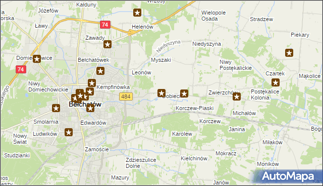 mapa Dobiecin gmina Bełchatów, Dobiecin gmina Bełchatów na mapie Targeo