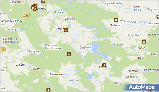 mapa Dzięcioły gmina Brzeziny, Dzięcioły gmina Brzeziny na mapie Targeo