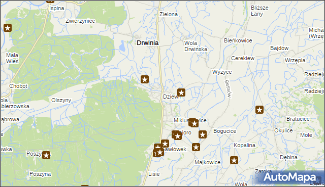 mapa Dziewin gmina Drwinia, Dziewin gmina Drwinia na mapie Targeo