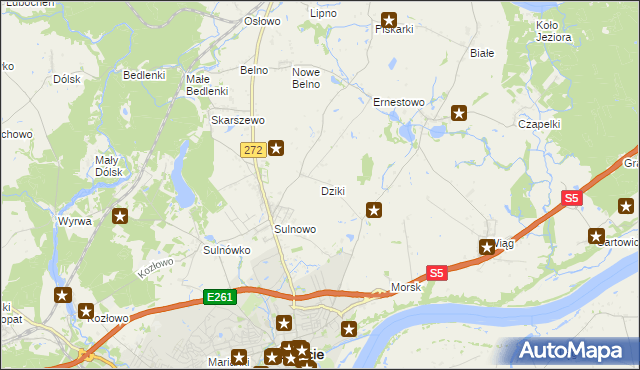 mapa Dziki gmina Świecie, Dziki gmina Świecie na mapie Targeo