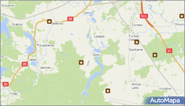 mapa Dziki gmina Szczecinek, Dziki gmina Szczecinek na mapie Targeo