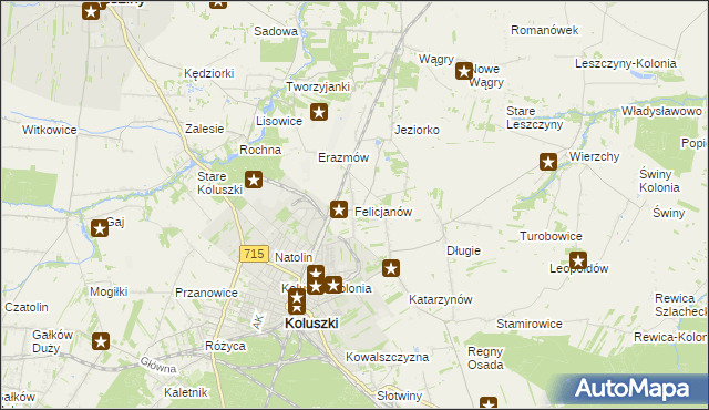 mapa Felicjanów gmina Koluszki, Felicjanów gmina Koluszki na mapie Targeo
