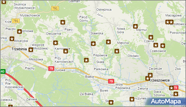 mapa Filipowice gmina Krzeszowice, Filipowice gmina Krzeszowice na mapie Targeo