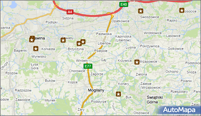 mapa Gaj gmina Mogilany, Gaj gmina Mogilany na mapie Targeo