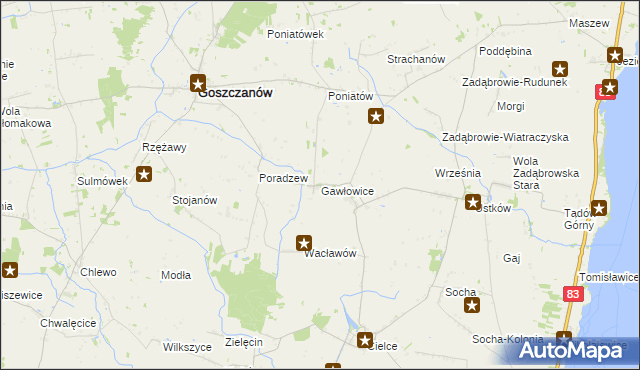 mapa Gawłowice gmina Goszczanów, Gawłowice gmina Goszczanów na mapie Targeo