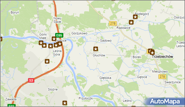 mapa Głuchów gmina Trzebiechów, Głuchów gmina Trzebiechów na mapie Targeo
