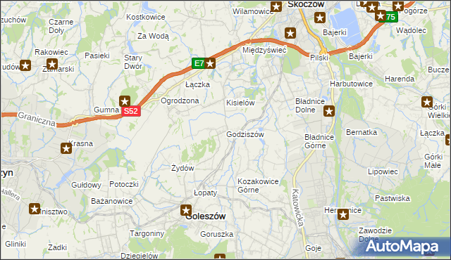 mapa Godziszów gmina Goleszów, Godziszów gmina Goleszów na mapie Targeo