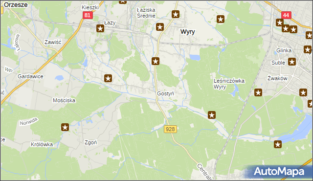 mapa Gostyń gmina Wyry, Gostyń gmina Wyry na mapie Targeo