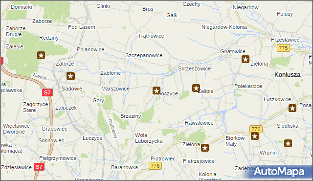 mapa Goszyce gmina Kocmyrzów-Luborzyca, Goszyce gmina Kocmyrzów-Luborzyca na mapie Targeo