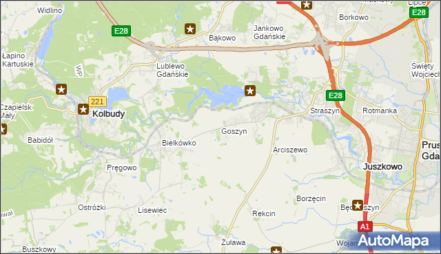 mapa Goszyn gmina Pruszcz Gdański, Goszyn gmina Pruszcz Gdański na mapie Targeo