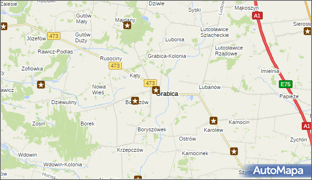 mapa Grabica powiat piotrkowski, Grabica powiat piotrkowski na mapie Targeo