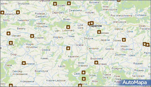 mapa Grabie gmina Łapanów, Grabie gmina Łapanów na mapie Targeo