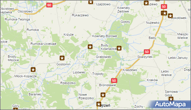 mapa Grabówiec gmina Ojrzeń, Grabówiec gmina Ojrzeń na mapie Targeo