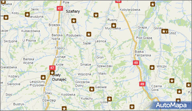 mapa Groń gmina Bukowina Tatrzańska, Groń gmina Bukowina Tatrzańska na mapie Targeo