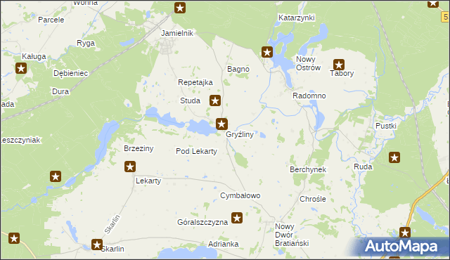 mapa Gryźliny gmina Nowe Miasto Lubawskie, Gryźliny gmina Nowe Miasto Lubawskie na mapie Targeo