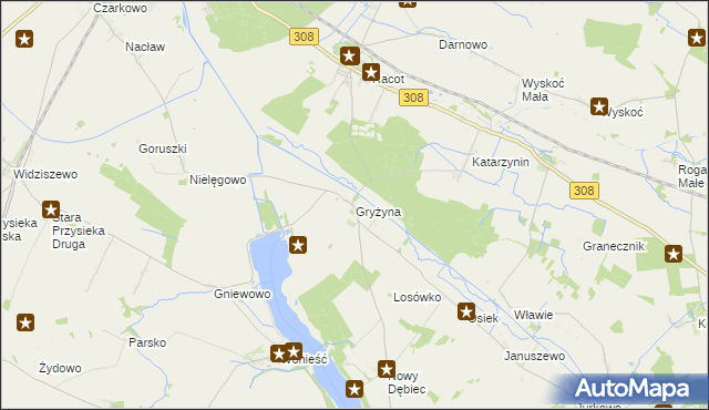 mapa Gryżyna gmina Kościan, Gryżyna gmina Kościan na mapie Targeo