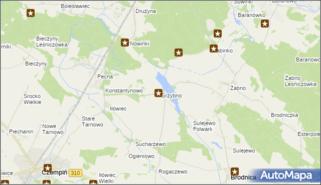 mapa Grzybno gmina Brodnica, Grzybno gmina Brodnica na mapie Targeo