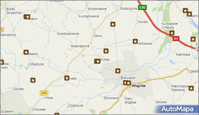 mapa Gułów gmina Wiązów, Gułów gmina Wiązów na mapie Targeo