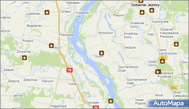 mapa Gusin gmina Sobienie-Jeziory, Gusin gmina Sobienie-Jeziory na mapie Targeo